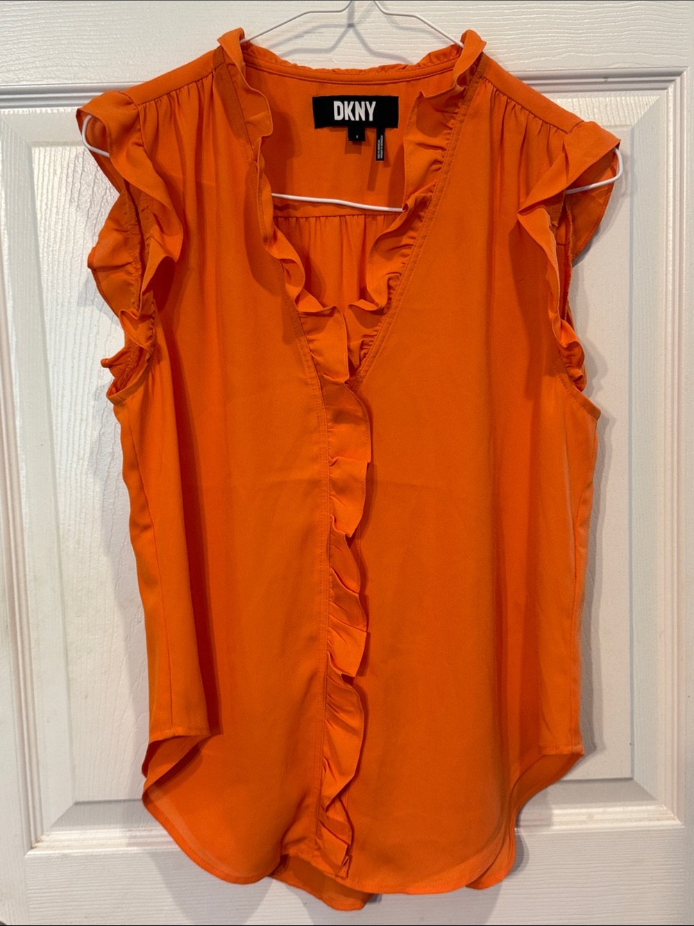 DKNY Bright Orange Ruffle V-Neck Sleeveless Blouse